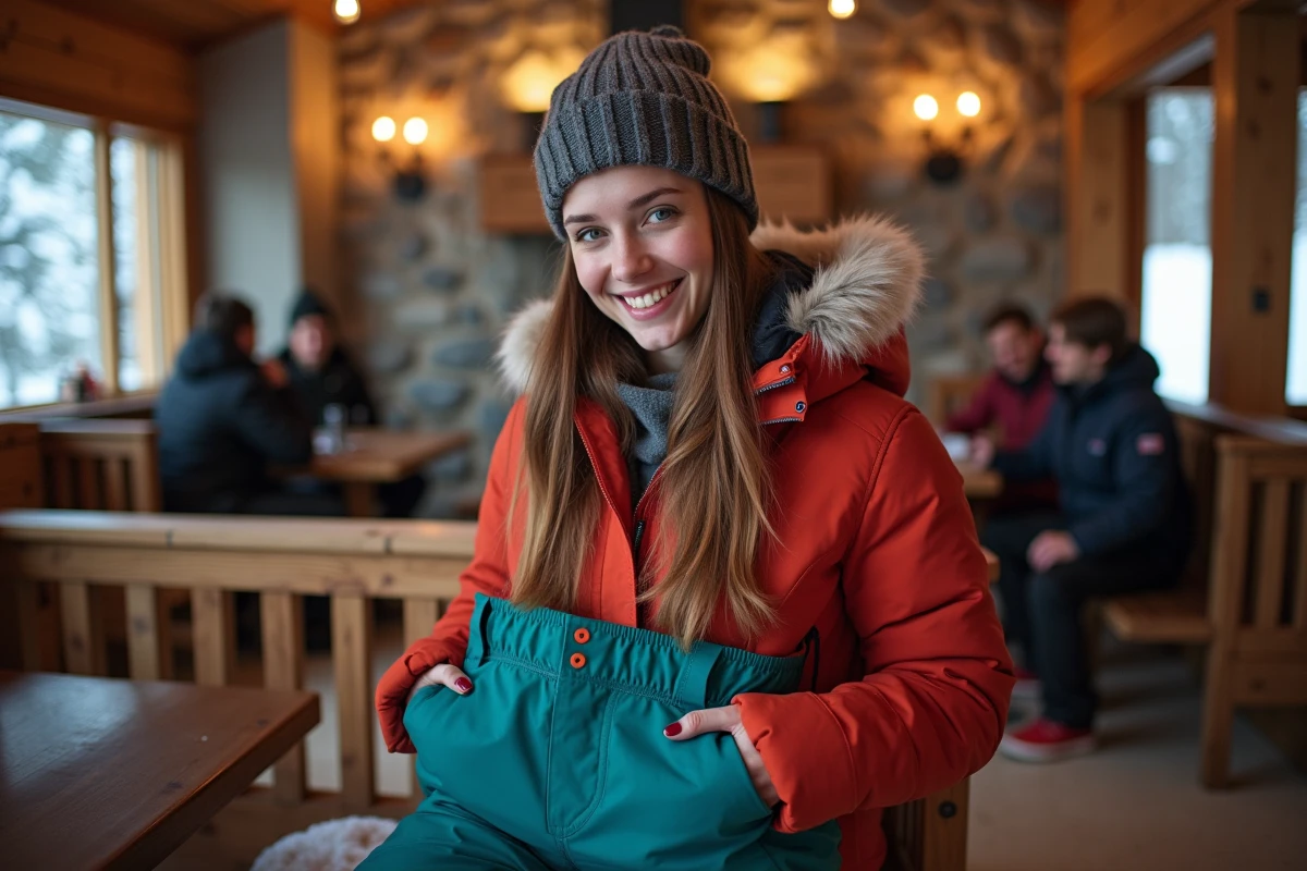 Jeune femme dans un lodge en train d enlever ses pantalons de ski