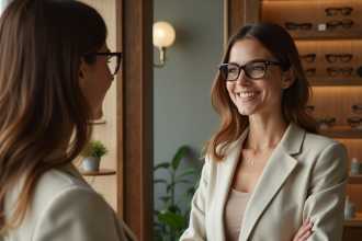 Femme élégante essayant des lunettes dans une boutique haut de gamme