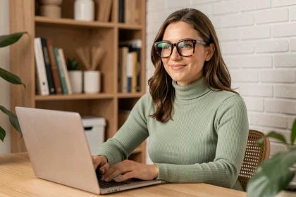 Femme en télétravail portant des lunettes tendance 2026 à montures acétate écaille devant un ordinateur portable lors d'un appel visio