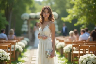 Femme en robe blanche élégante lors d'un mariage en jardin