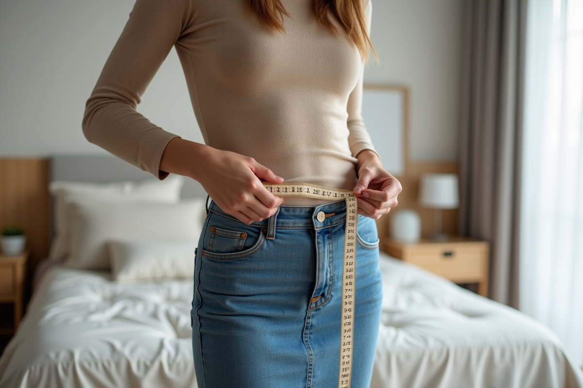 Jeune femme mesurant sa taille avec un ruban dans une chambre