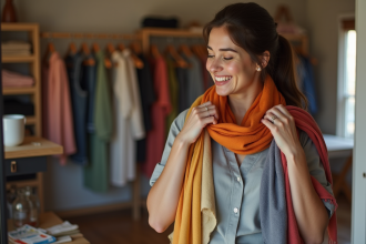 Femme souriante examinant ses écharpes dans un miroir en boutique