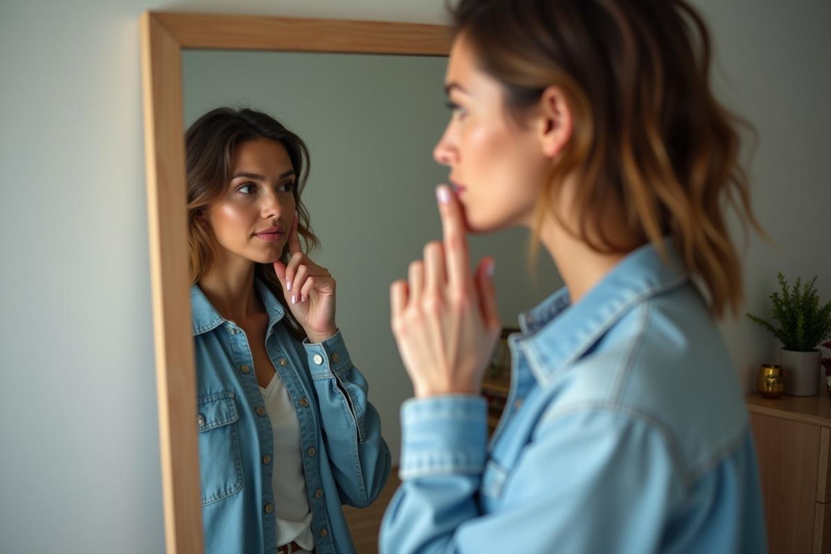 Femme dans sa chambre regarde son reflet dans un miroir