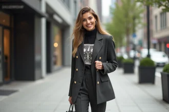 Femme élégante en blazer urbain dans la ville