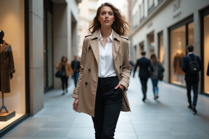 Femme élégante en trench beige dans une rue commerçante moderne