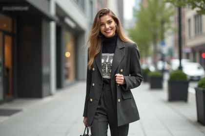 Femme élégante en blazer urbain dans la ville