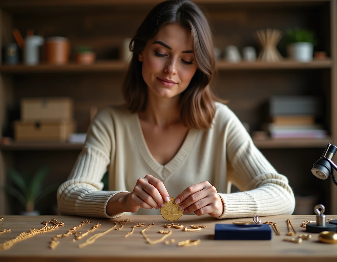 Femme examinant un pendentif médaille en or gravé dans un atelier de bijouterie artisanal