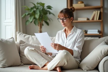 Femme assise pieds nus sur un canapé lisant un document juridique sur la vente de pieds en France