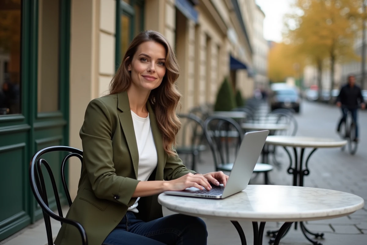 Femme pieds nus en terrasse parisienne travaillant sur un ordinateur portable sur la législation de vente en France
