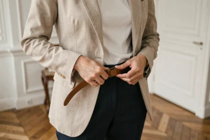 Femme ajustant une ceinture en cuir cognac autour de sa taille naturelle sur un pantalon taille haute marine dans un appartement parisien