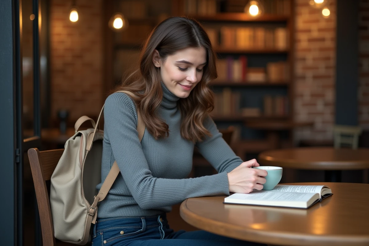 Jeune femme assise dans un café avec un sac à dos minimaliste en toile taupe posé au sol, ambiance urbaine et décontractée