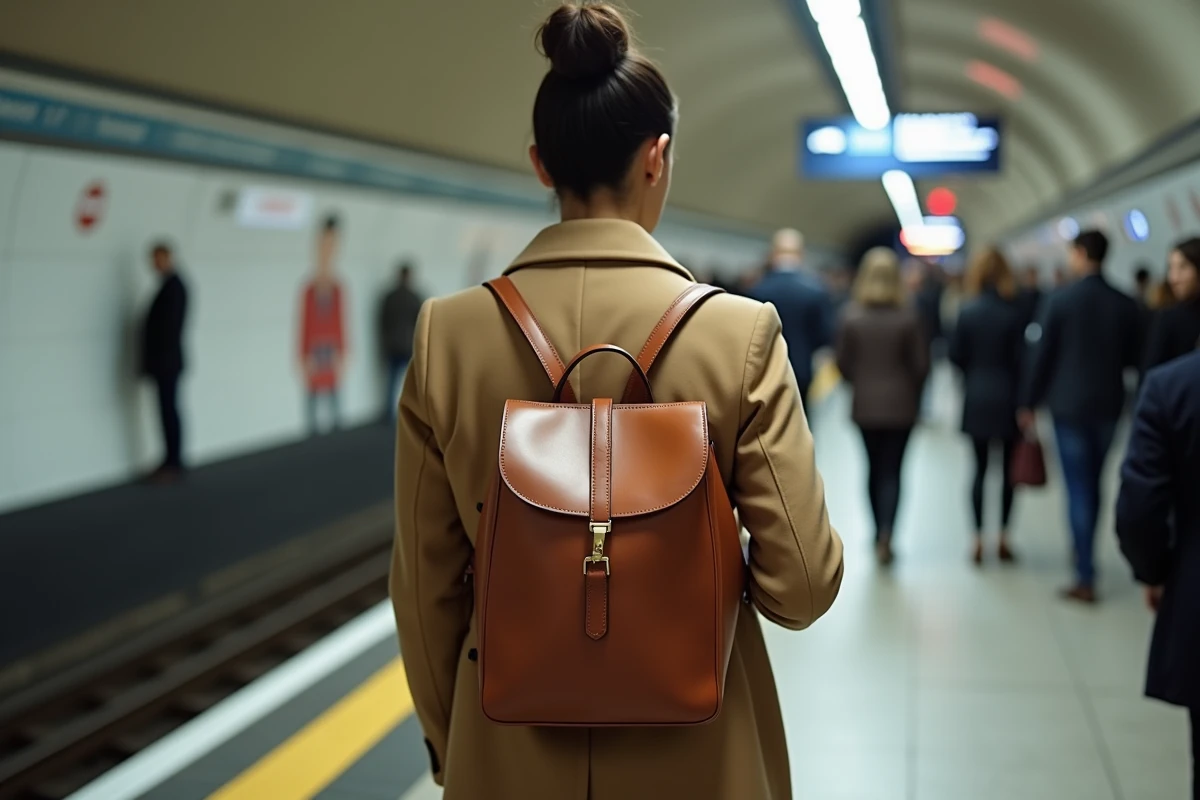 Femme élégante vue de trois quarts portant un sac à dos minimaliste en cuir cognac dans une station de métro parisienne