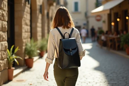 Femme portant un sac à dos minimaliste en cuir noir dans une rue pavée européenne, style vestimentaire épuré et décontracté