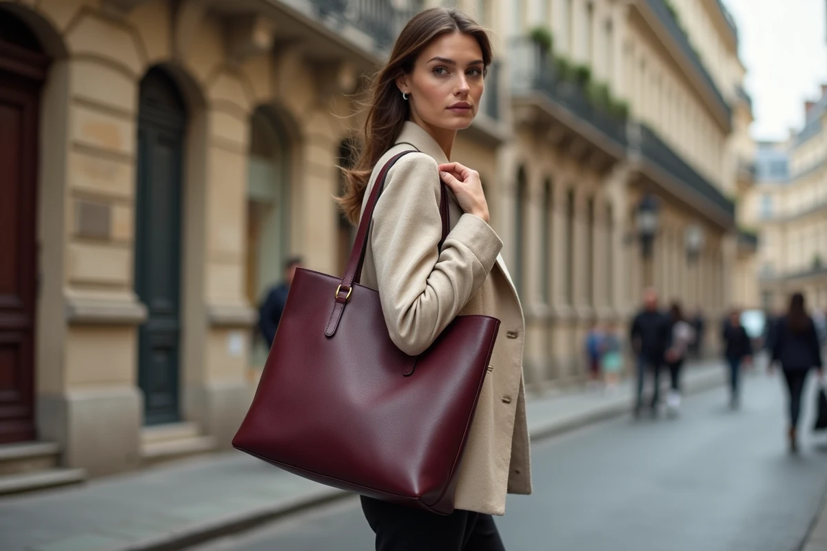 Femme élégante portant un sac en cuir bordeaux de marque française dans une rue parisienne aux façades haussmanniennes