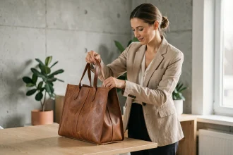 Femme professionnelle examinant un sac de travail en cuir végétal durable dans un bureau minimaliste scandinave
