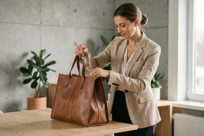 Femme professionnelle examinant un sac de travail en cuir végétal durable dans un bureau minimaliste scandinave