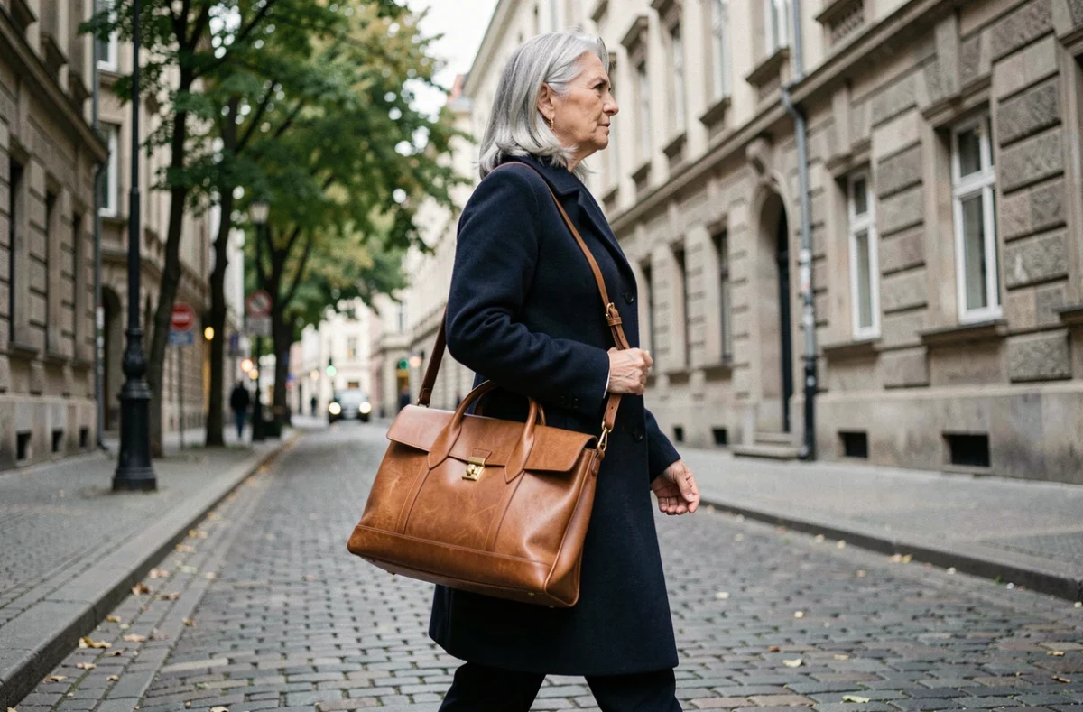 Femme élégante portant un sac de travail en cuir durable lors d'une promenade sur des pavés dans une rue européenne historique