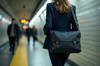 Femme portant une sacoche légère pour ordinateur portable dans le métro