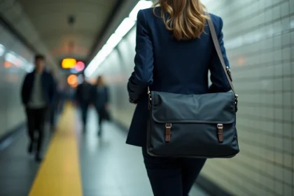 Femme portant une sacoche légère pour ordinateur portable dans le métro
