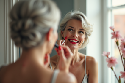 Femme mature appliquant rouge à lèvres devant miroir