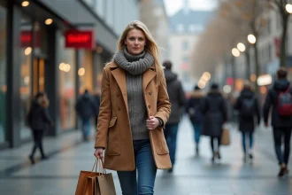 Femme d'âge moyen avec manteau d'hiver dans un centre commercial
