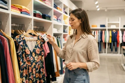 Femme qui fait du shopping dans un magasin Kiabi en regardant les étiquettes de prix sur des vêtements