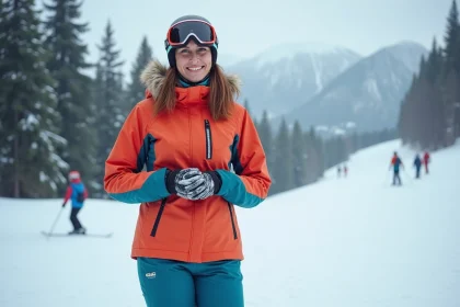 Femme en ski portant une veste colorée sur la pente enneigee