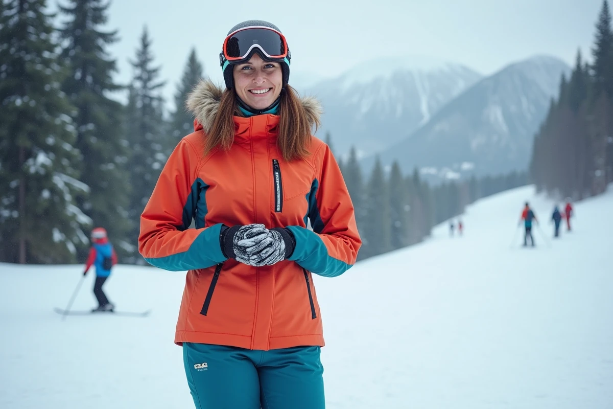 Femme en ski portant une veste colorée sur la pente enneigee