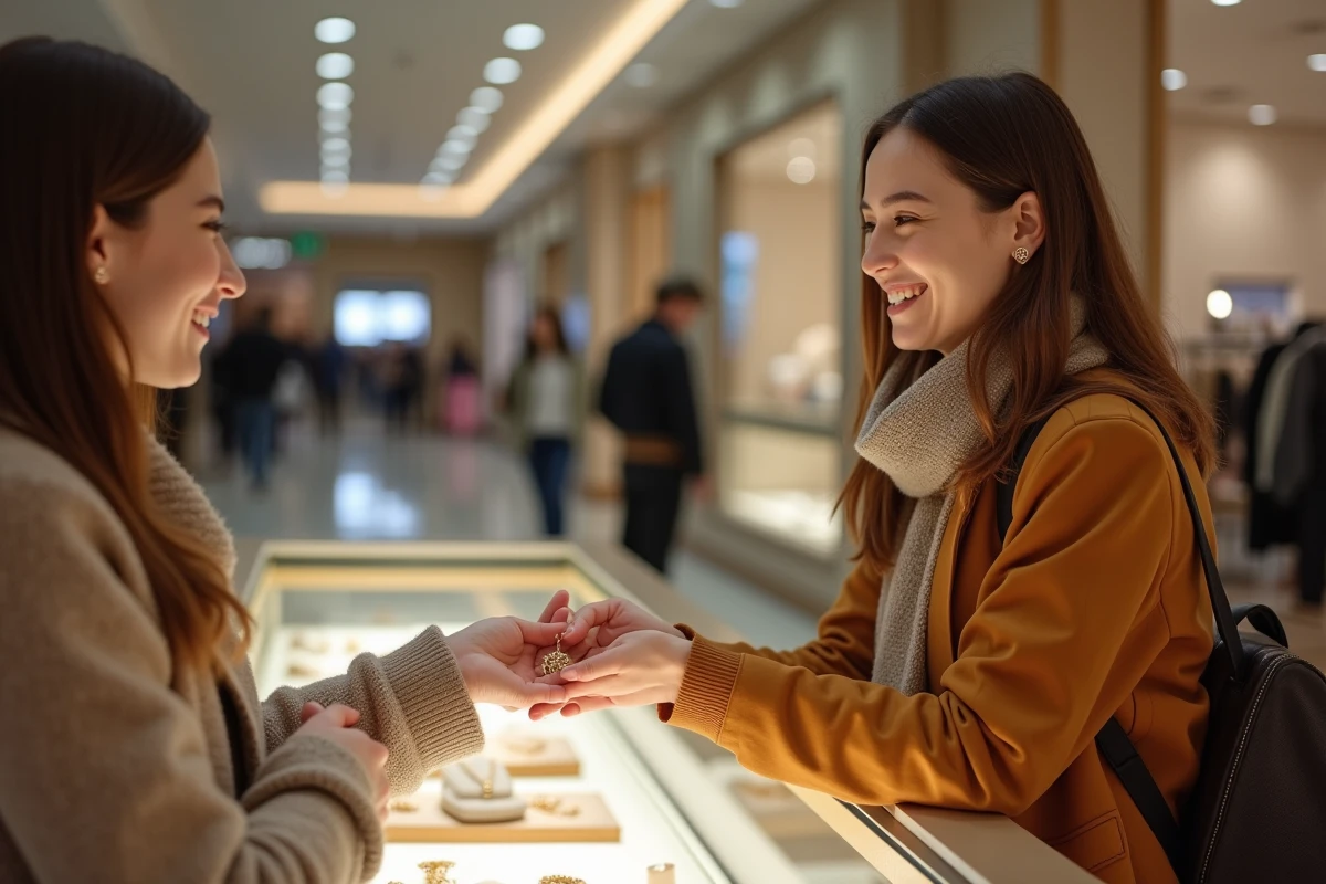 Jeune femme souriante remet un collier en or à une collègue
