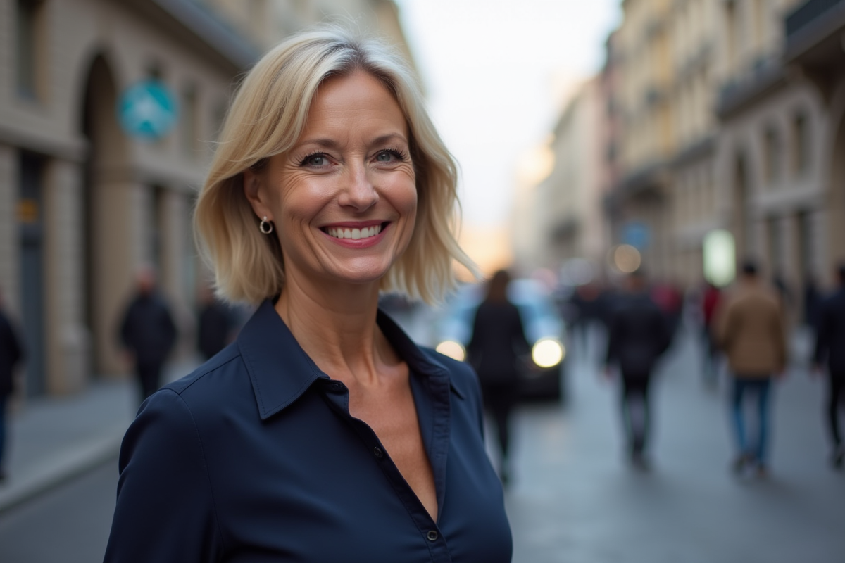 Femme souriante avec lipstick durable en extérieur urbain