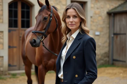 Femme élégante en veste équestre chic posant avec un cheval bai dans une cour d'écurie en pierre