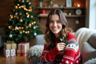 Femme souriante portant un pull de Noël personnalisé dans un salon chaleureux