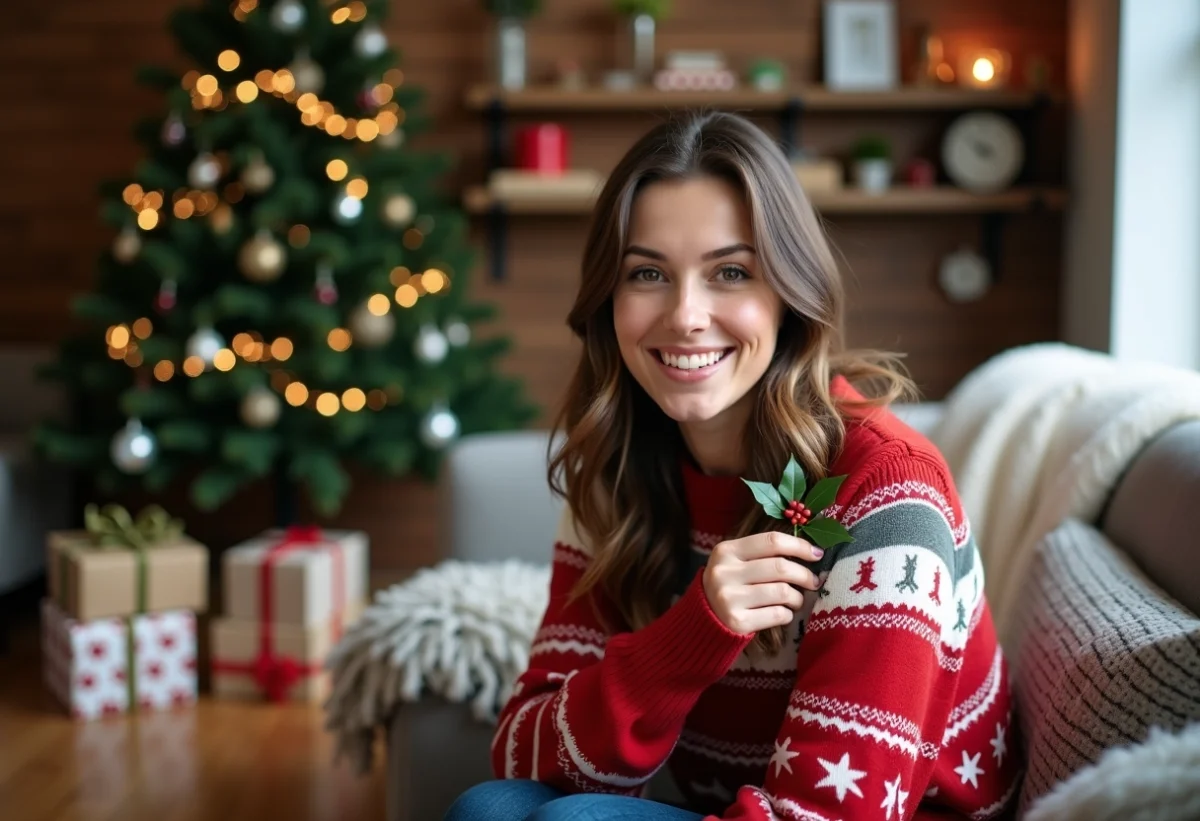 Femme souriante portant un pull de Noël personnalisé dans un salon chaleureux