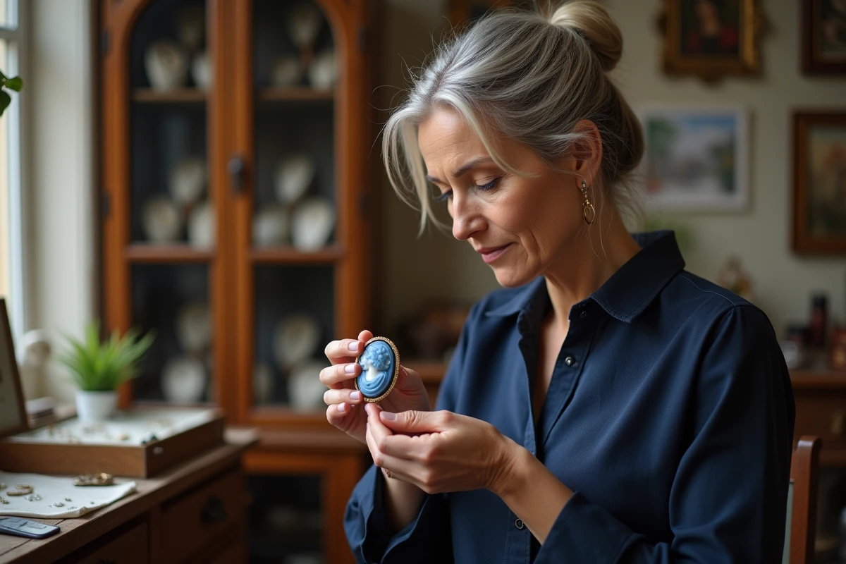 Femme élégante tenant un pendentif camée bleu entre ses doigts dans une boutique d'antiquités, regard pensif et contemplatif