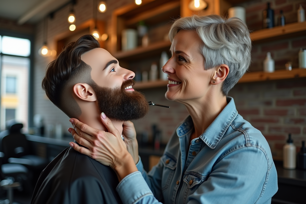 Femme montrant la coupe de barbe sur un mannequin dans un barbershop