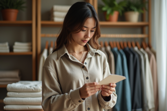 Jeune femme examine une étiquette de vêtement dans une boutique chaleureuse