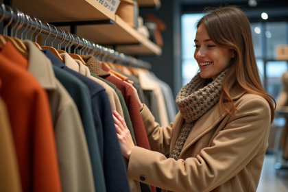 Femme souriante en manteau beige dans une boutique de mode hiver