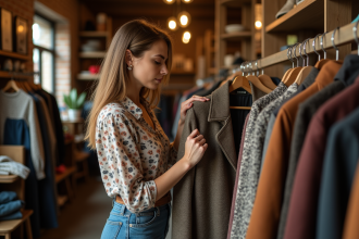 Femme inspectant un manteau vintage dans une boutique chaleureuse