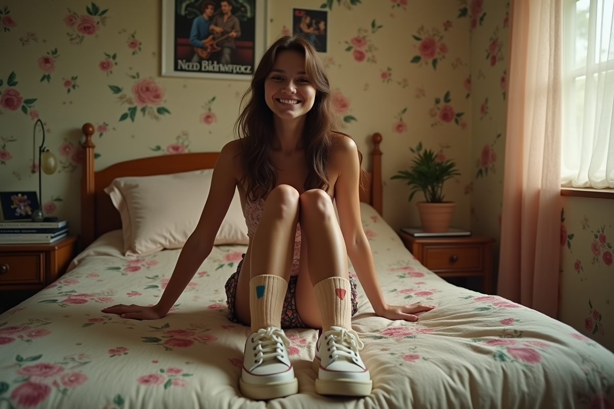 Jeune femme souriante dans une chambre vintage des années 90