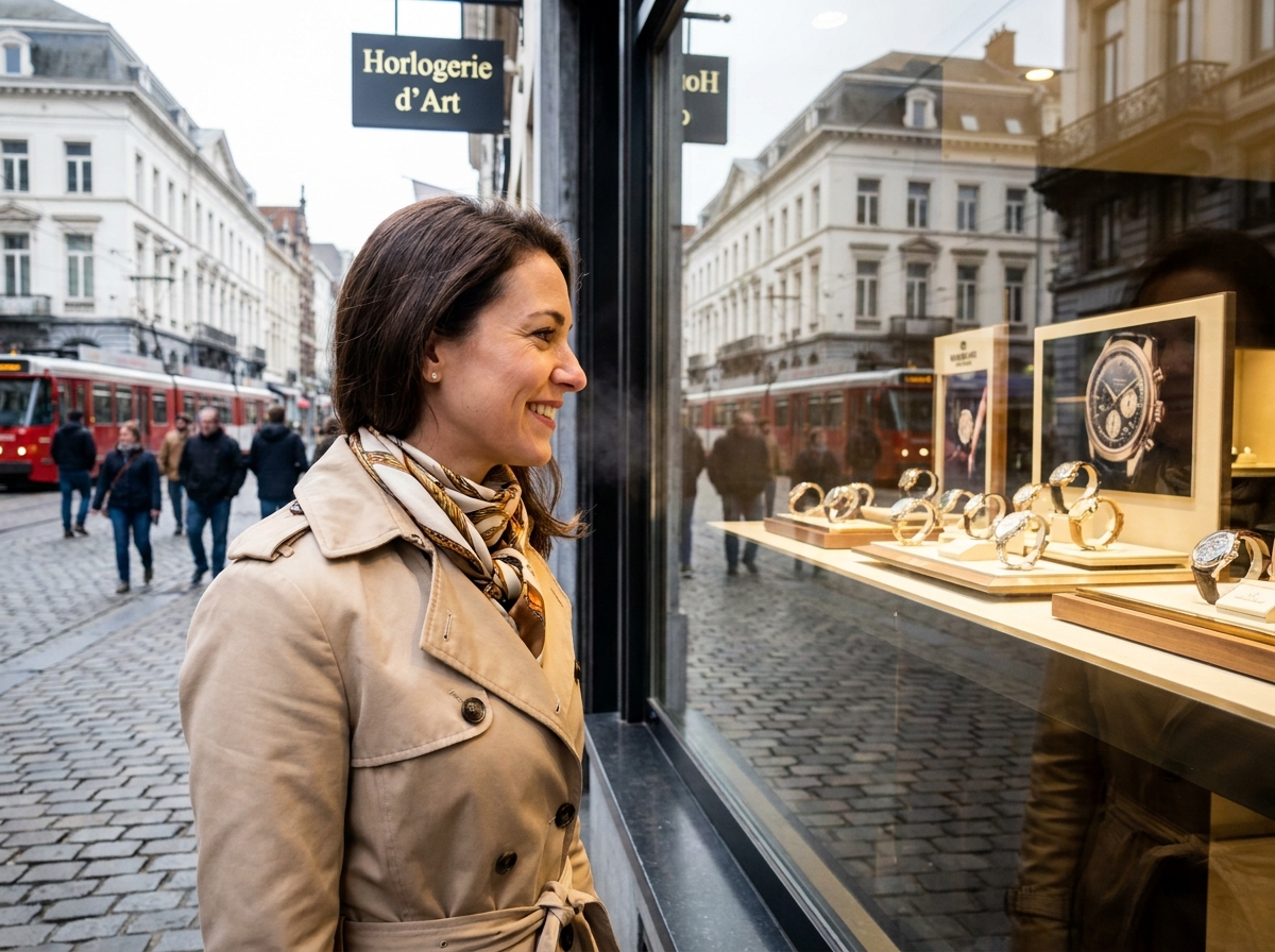 Jeune femme admirant des montres dans une vitrine &agrave; Bruxelles