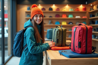Jeune femme souriante avec sacs de voyage dans une boutique