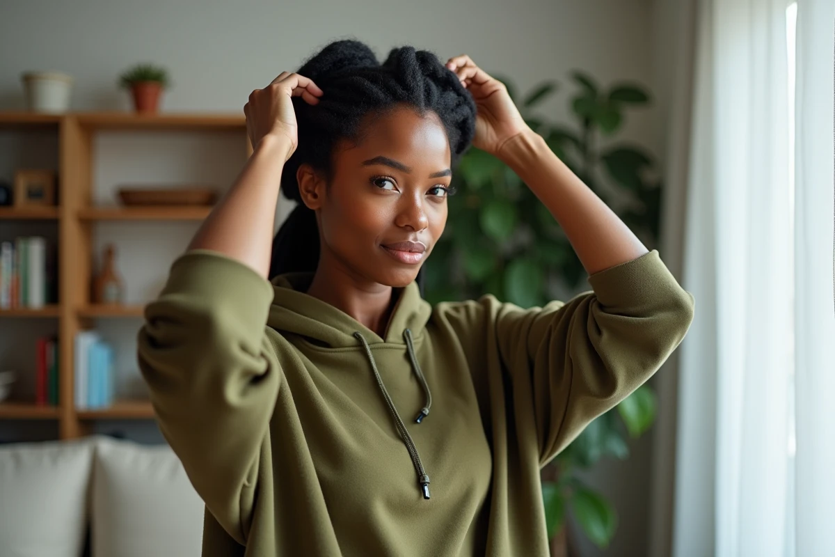 Femme ajustant un wave cap satiné sur ses dreadlocks en transition dans un salon moderne