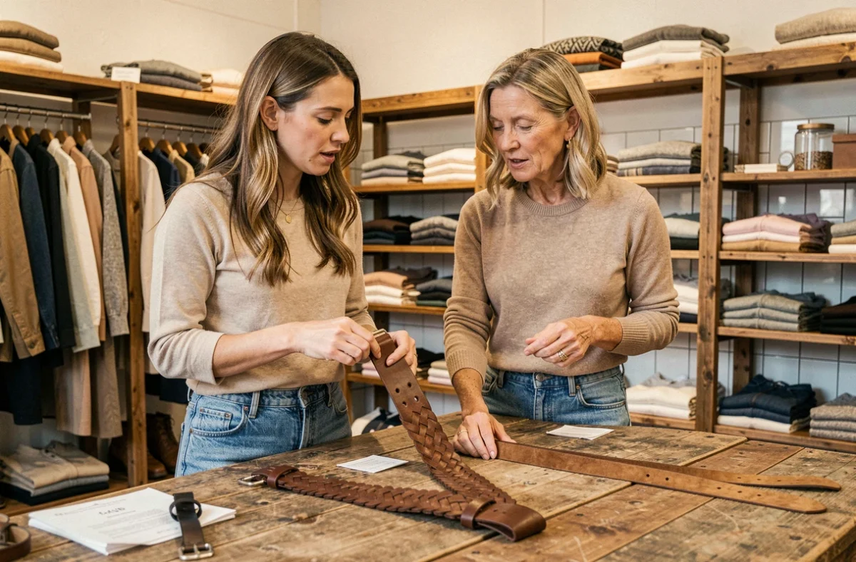 Deux femmes comparant des modèles de ceintures en cuir et suède dans une boutique de vêtements pour trouver la bonne taille
