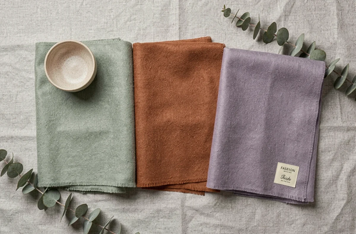 Flat-lay de foulards en cachemire et pashmina pliés en vert sauge, terracotta et lavande, tendances couleurs 2026