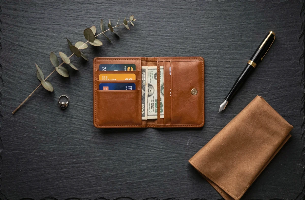 Flat lay éditorial d'un portefeuille en cuir cognac avec accessoires de style pour guide de personnalisation
