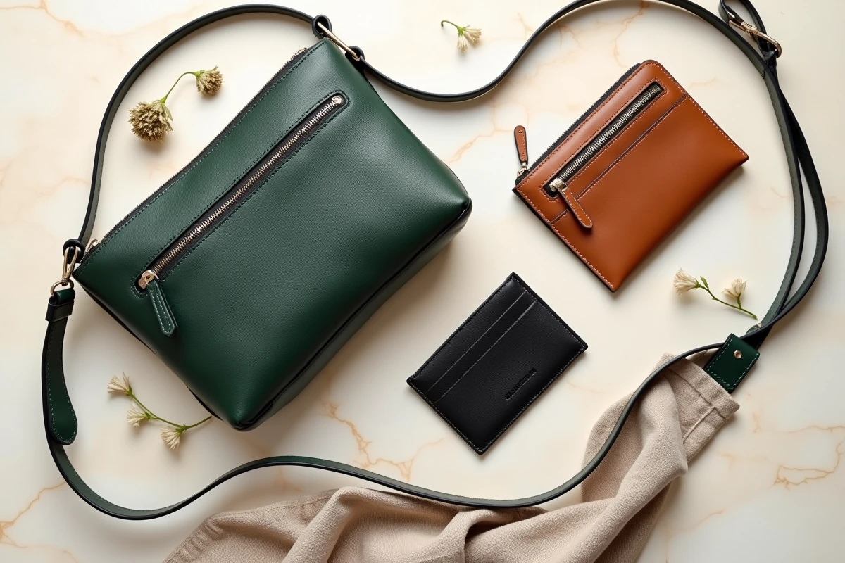 Trois maroquineries en cuir français en flat lay sur marbre crème : sac bandoulière vert, portefeuille camel et porte-cartes noir