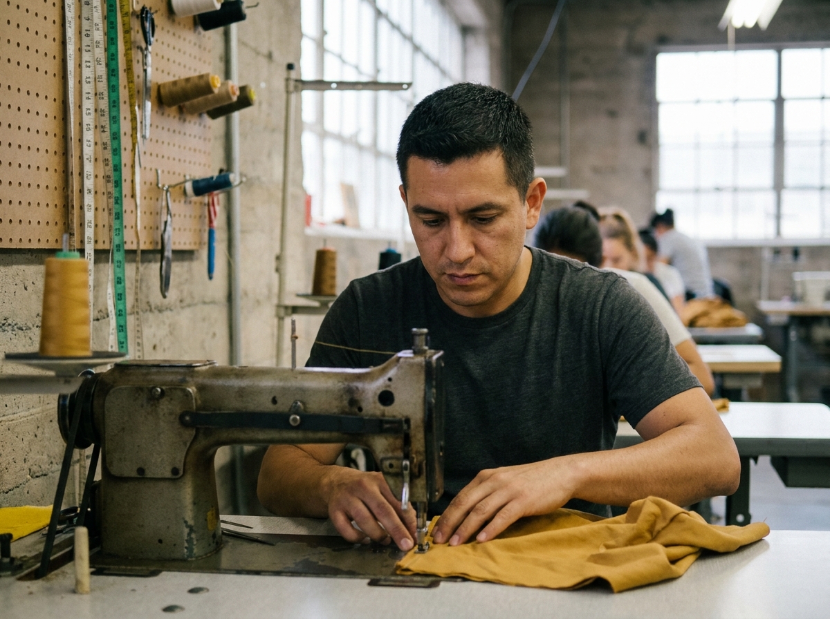 Homme en formation CAP couture cousant sur une machine à coudre industrielle dans un atelier professionnel