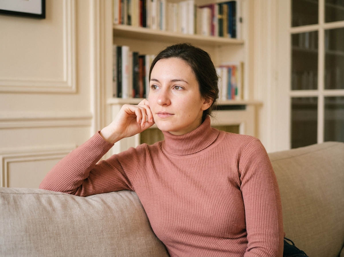 Jeune femme en appartement parisien observant les traits de son visage, forme de nez arrondie naturelle