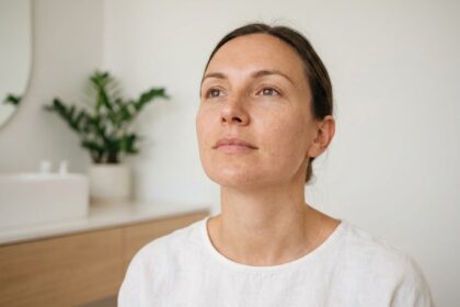 Portrait en gros plan d'une femme aux traits harmonieux mettant en valeur la forme droite du nez