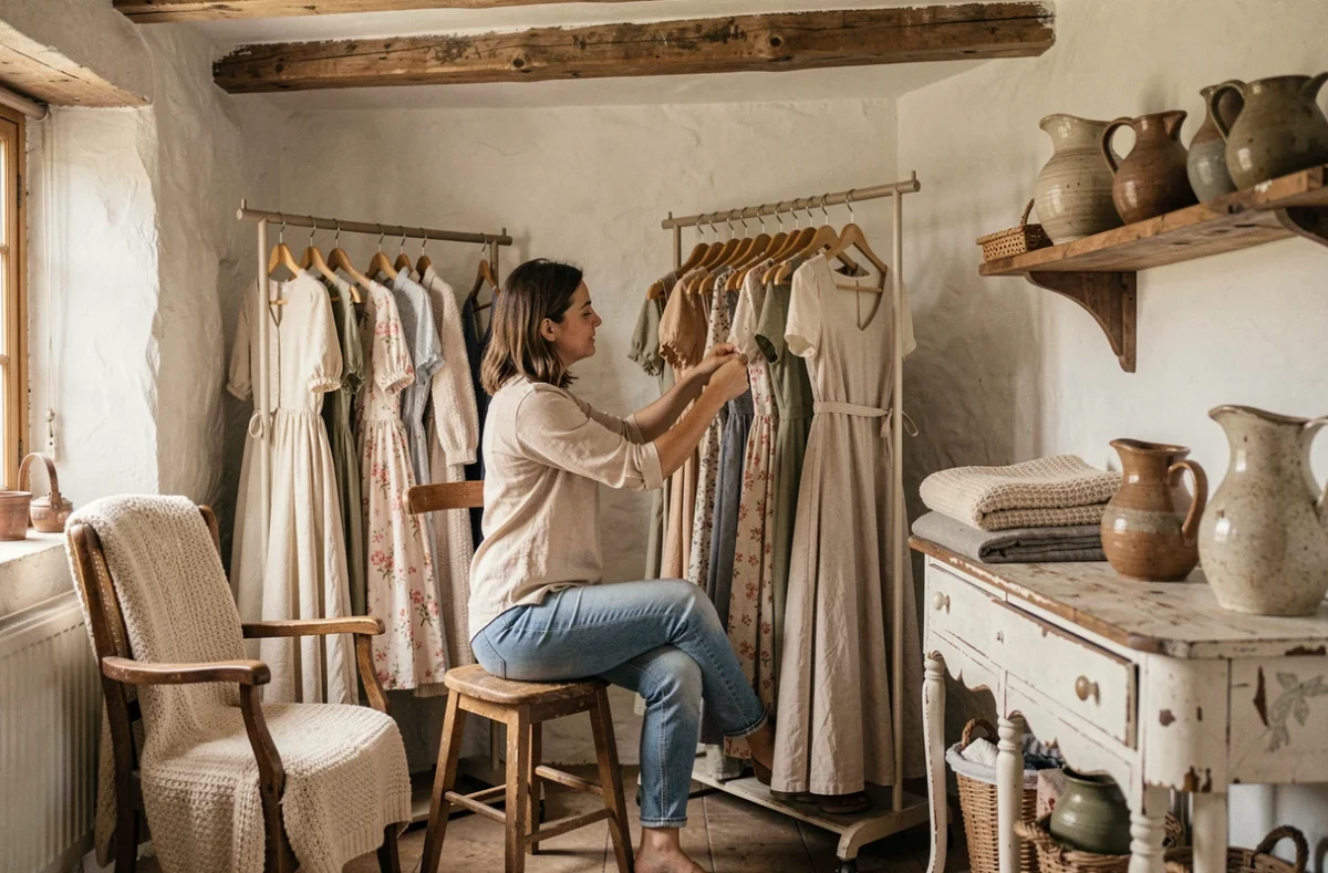 Une femme détendue feuillette un portant de robes vintage dans la friperie de village de Cléguer dans le Morbihan